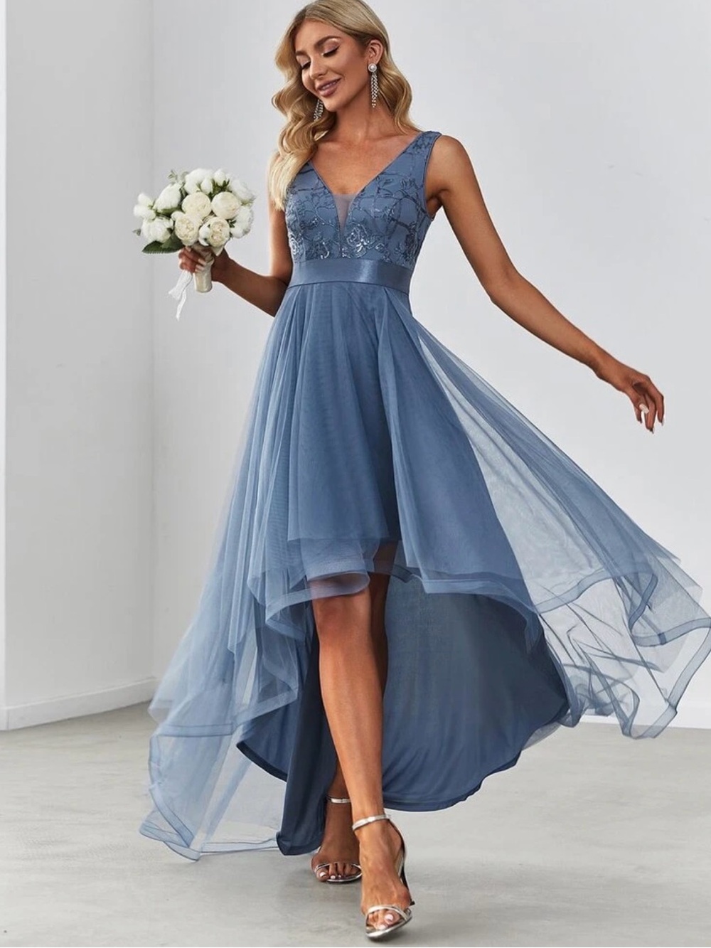 Ever Pretty Dusty Blue V-Neck High-Low Tulle Dress